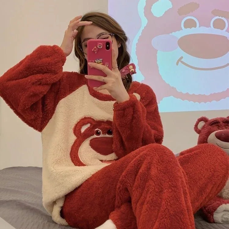 Anime Mickey Mouse Cartoon Women Velvet Pajamas Set Autumn Winter Round Neck Loose Plush Warm Homewear Girls Kawaii Nightwear