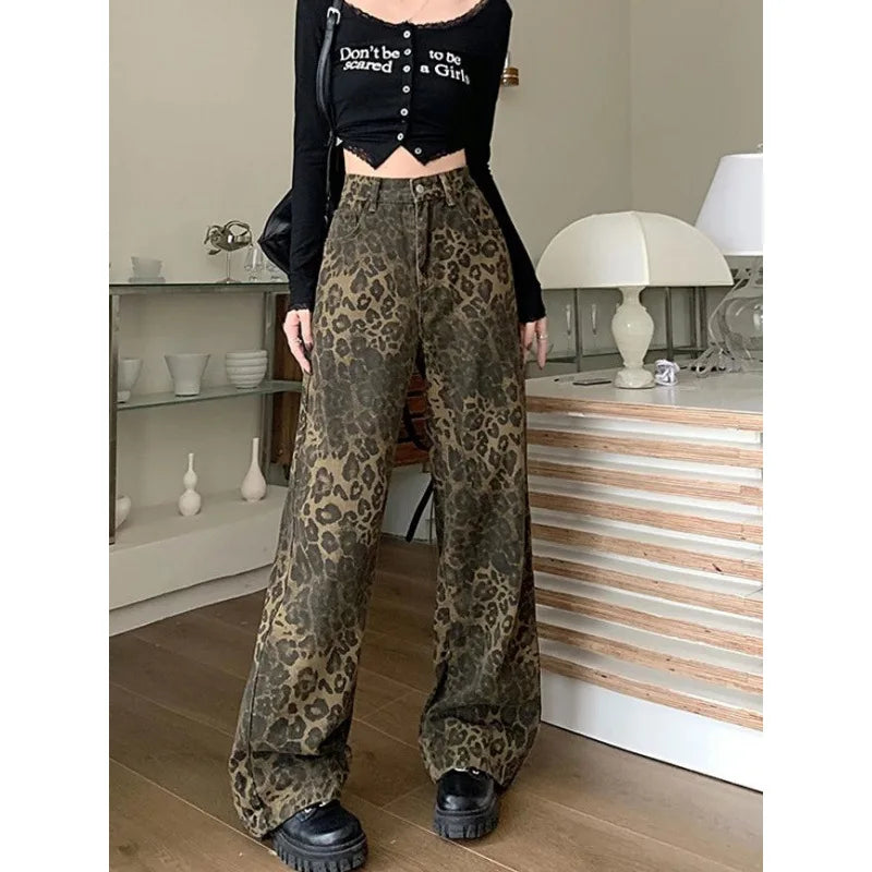 American Vintage Leopard Print Jeans for Women Casual Straight Tube Pants Autumn Winter Fashion