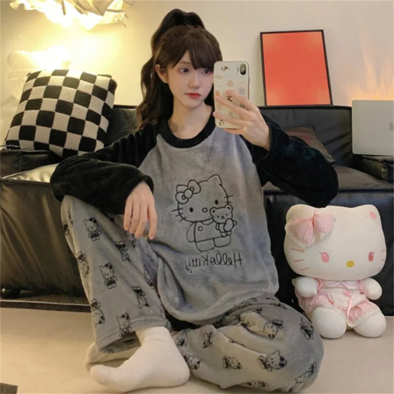 Anime Mickey Mouse Cartoon Women Velvet Pajamas Set Autumn Winter Round Neck Loose Plush Warm Homewear Girls Kawaii Nightwear