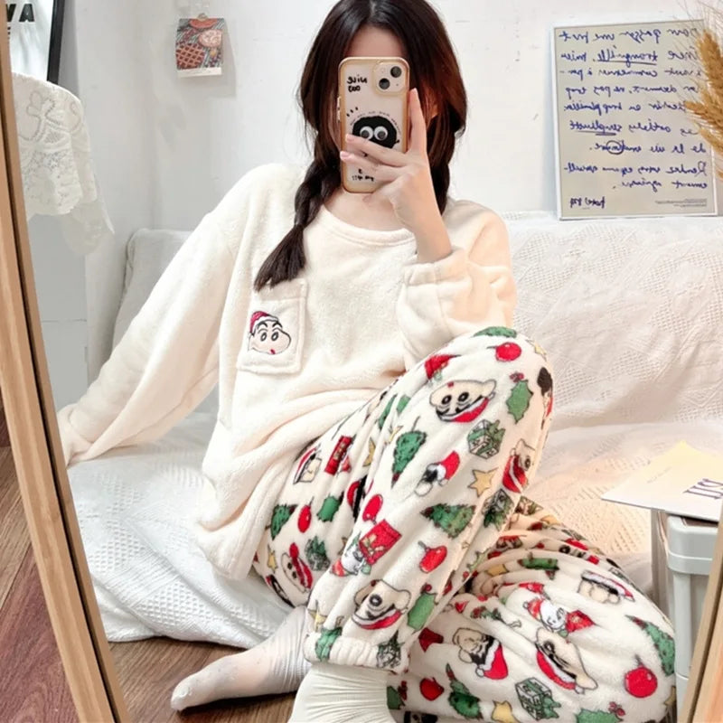 Anime Mickey Mouse Cartoon Women Velvet Pajamas Set Autumn Winter Round Neck Loose Plush Warm Homewear Girls Kawaii Nightwear