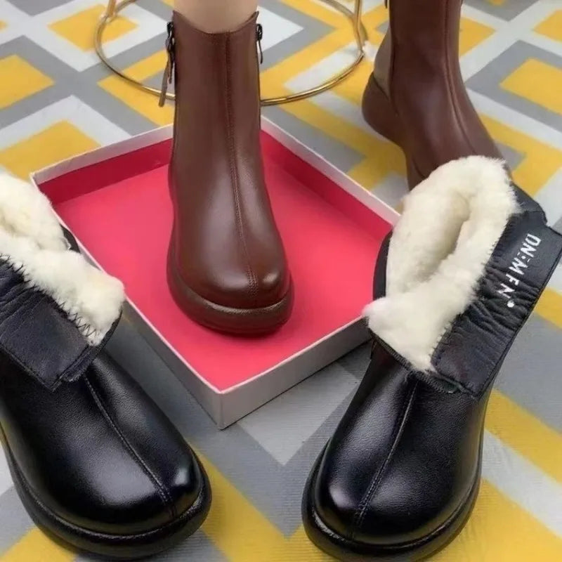 2024 Fashion Fur Non-Slip Snow Boots for Women Plush Zipper Winter Boots Women Solid Color Warm Cotton Padded Flat with Shoes