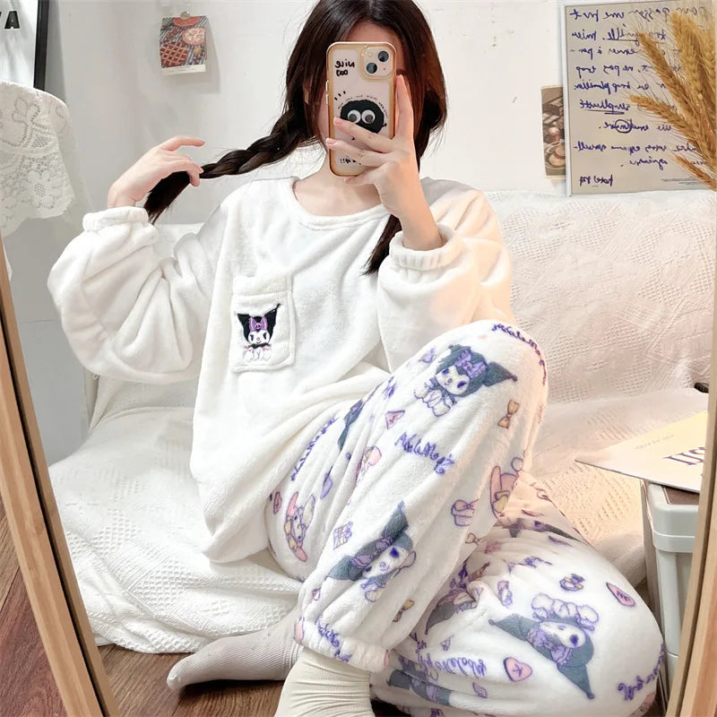 Anime Mickey Mouse Cartoon Women Velvet Pajamas Set Autumn Winter Round Neck Loose Plush Warm Homewear Girls Kawaii Nightwear