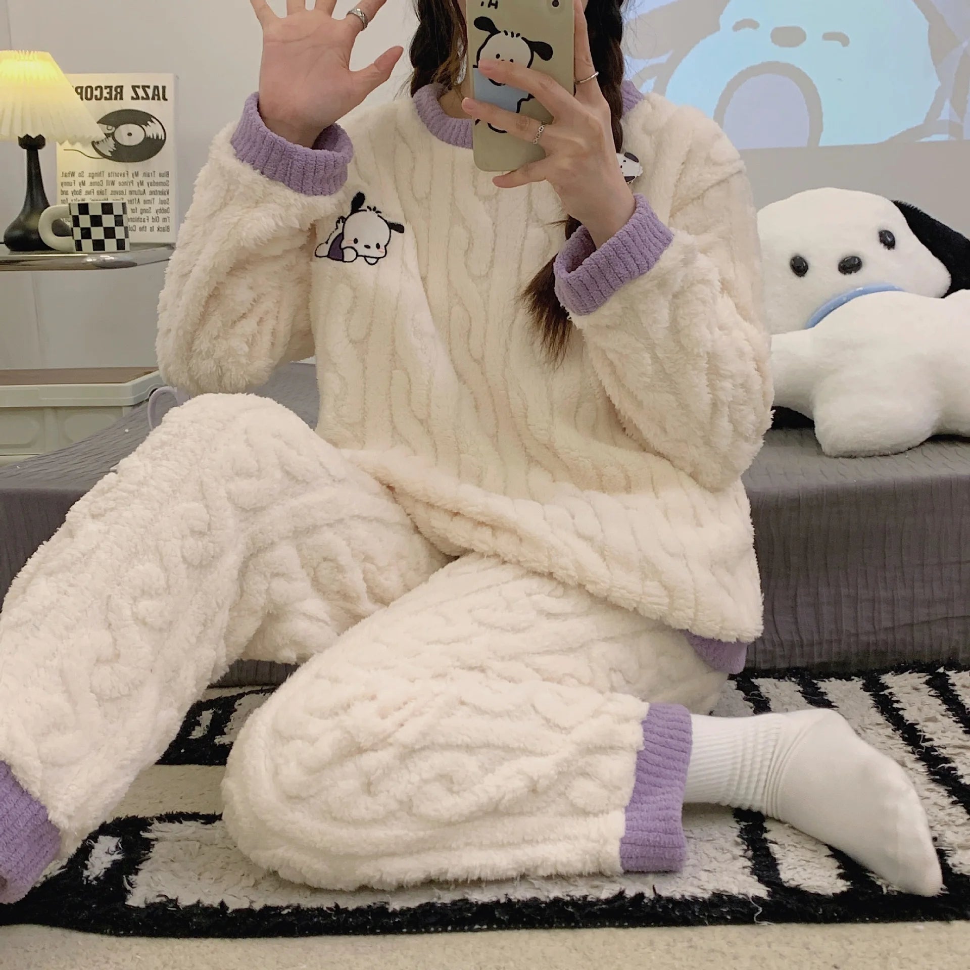 Anime Mickey Mouse Cartoon Women Velvet Pajamas Set Autumn Winter Round Neck Loose Plush Warm Homewear Girls Kawaii Nightwear