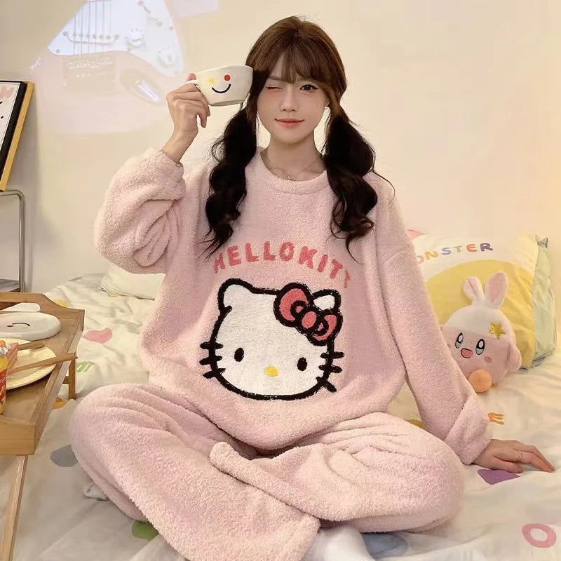 Anime Mickey Mouse Cartoon Women Velvet Pajamas Set Autumn Winter Round Neck Loose Plush Warm Homewear Girls Kawaii Nightwear