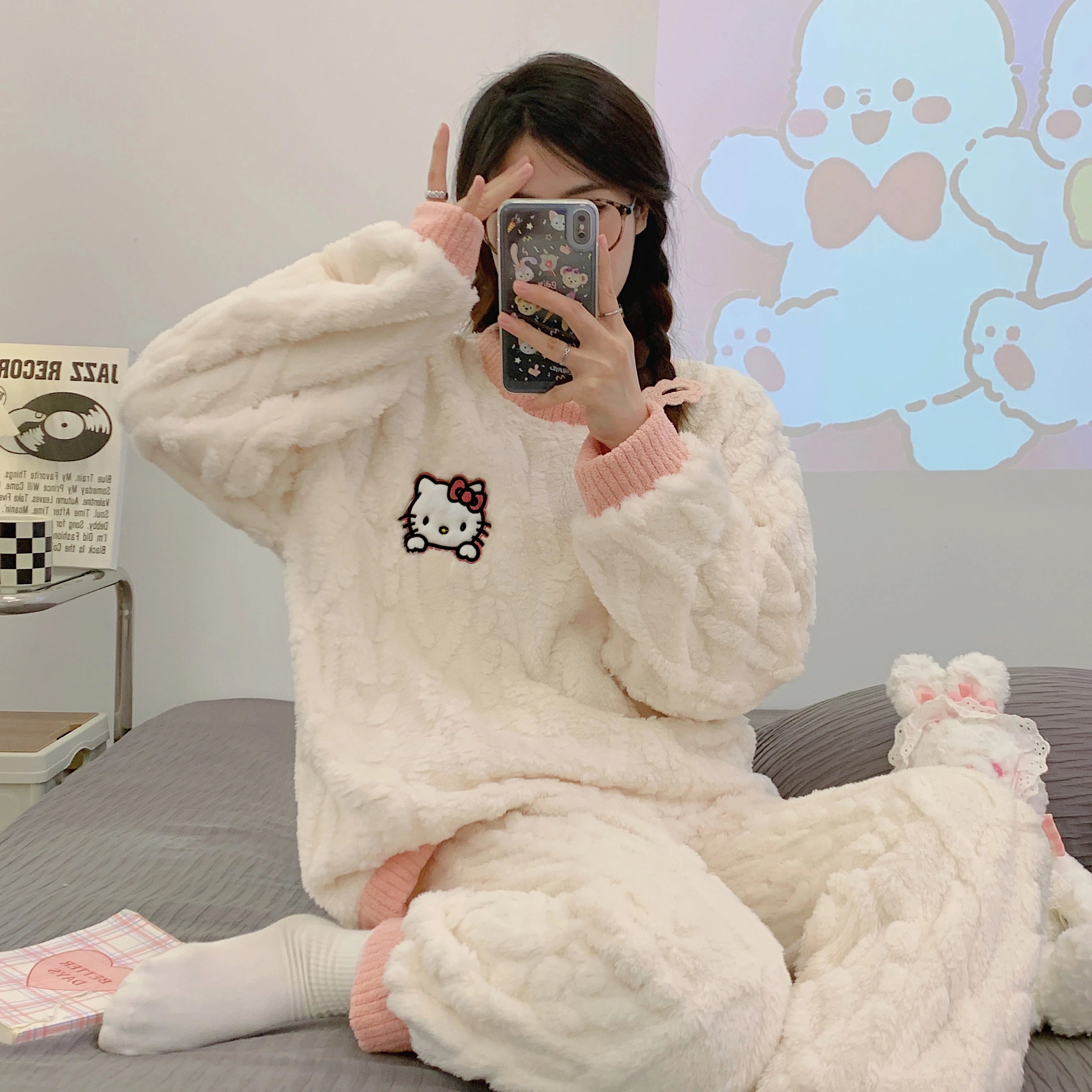 Anime Mickey Mouse Cartoon Women Velvet Pajamas Set Autumn Winter Round Neck Loose Plush Warm Homewear Girls Kawaii Nightwear
