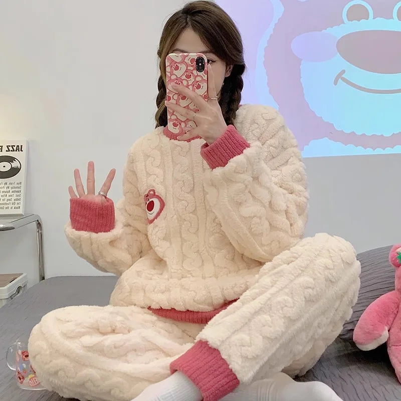 Anime Mickey Mouse Cartoon Women Velvet Pajamas Set Autumn Winter Round Neck Loose Plush Warm Homewear Girls Kawaii Nightwear