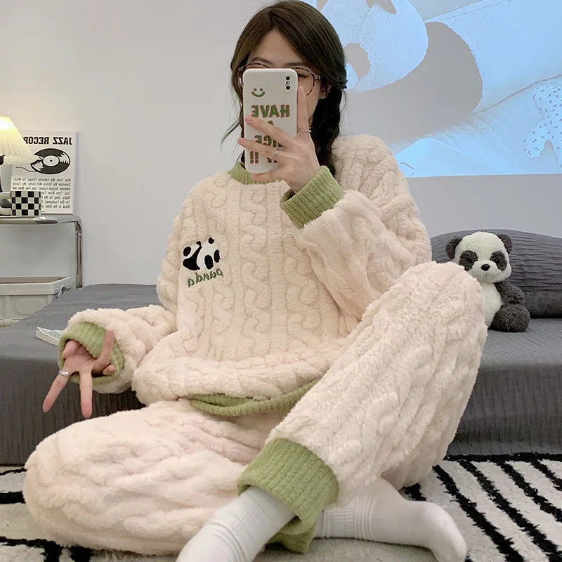 Anime Mickey Mouse Cartoon Women Velvet Pajamas Set Autumn Winter Round Neck Loose Plush Warm Homewear Girls Kawaii Nightwear