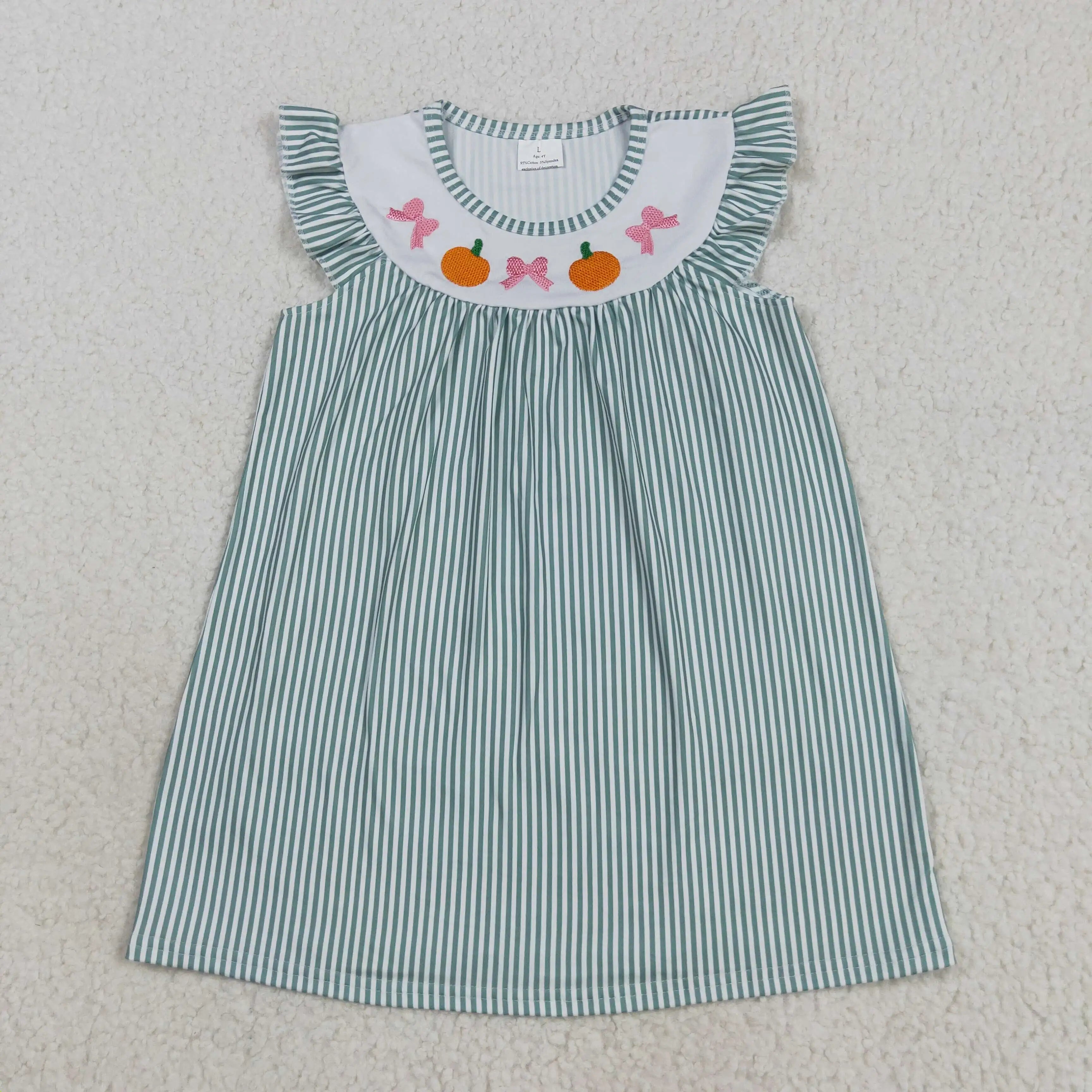 Baby Girls’ Embroidered Bow Dress – Green Striped Pumpkin Design