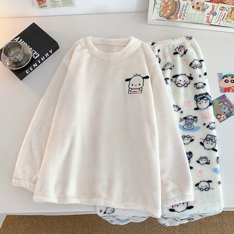Anime Mickey Mouse Cartoon Women Velvet Pajamas Set Autumn Winter Round Neck Loose Plush Warm Homewear Girls Kawaii Nightwear