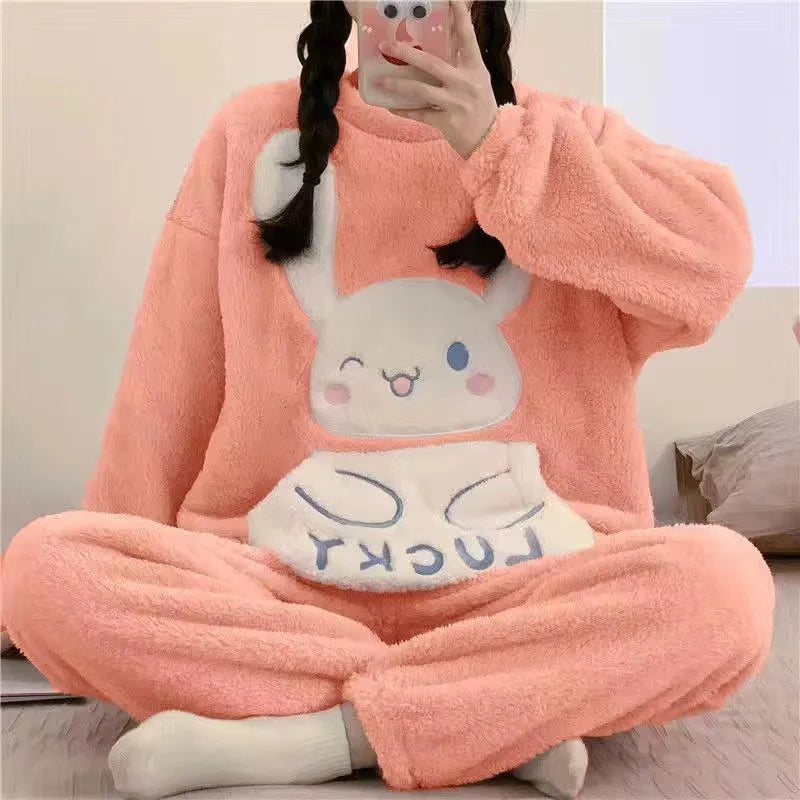 Anime Mickey Mouse Cartoon Women Velvet Pajamas Set Autumn Winter Round Neck Loose Plush Warm Homewear Girls Kawaii Nightwear