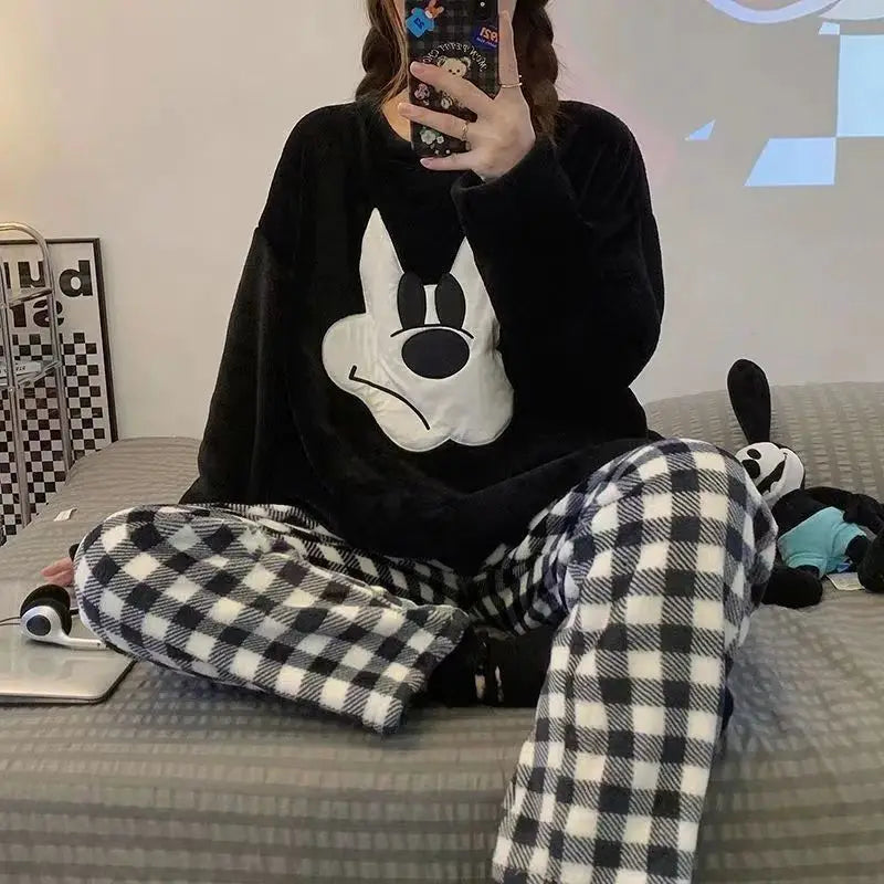 Anime Mickey Mouse Cartoon Women Velvet Pajamas Set Autumn Winter Round Neck Loose Plush Warm Homewear Girls Kawaii Nightwear