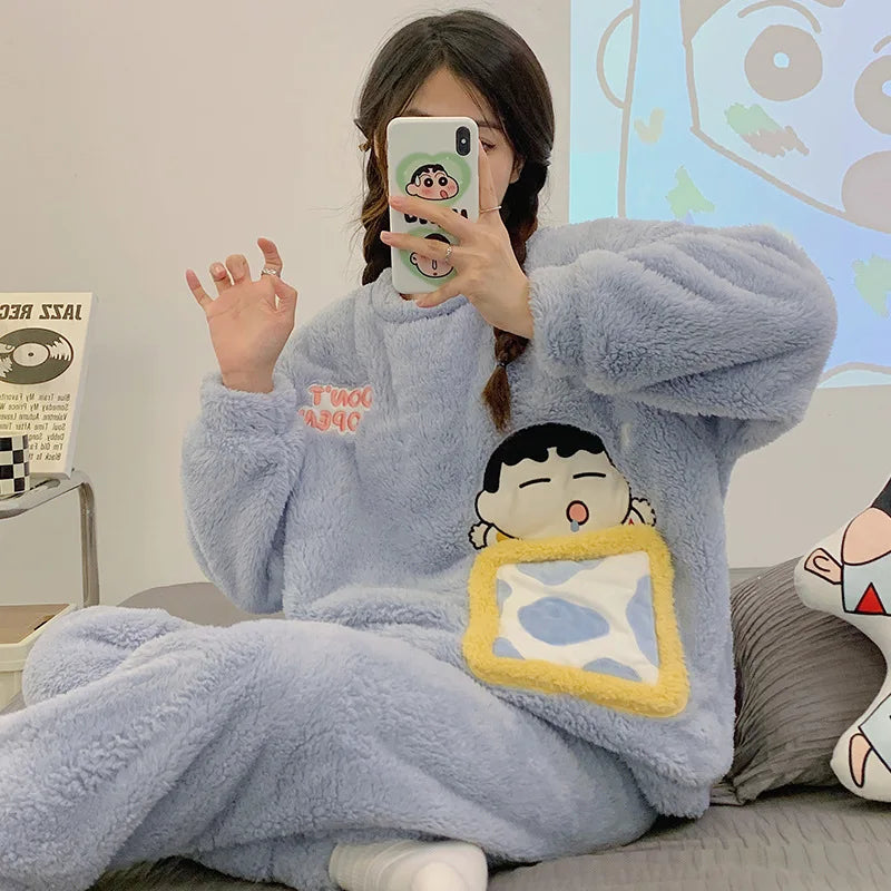 Anime Mickey Mouse Cartoon Women Velvet Pajamas Set Autumn Winter Round Neck Loose Plush Warm Homewear Girls Kawaii Nightwear