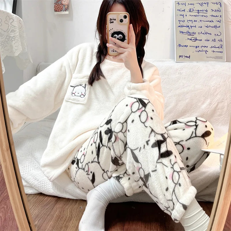 Anime Mickey Mouse Cartoon Women Velvet Pajamas Set Autumn Winter Round Neck Loose Plush Warm Homewear Girls Kawaii Nightwear