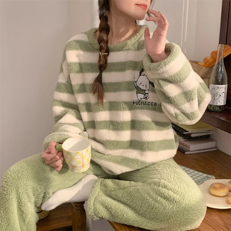 Anime Mickey Mouse Cartoon Women Velvet Pajamas Set Autumn Winter Round Neck Loose Plush Warm Homewear Girls Kawaii Nightwear