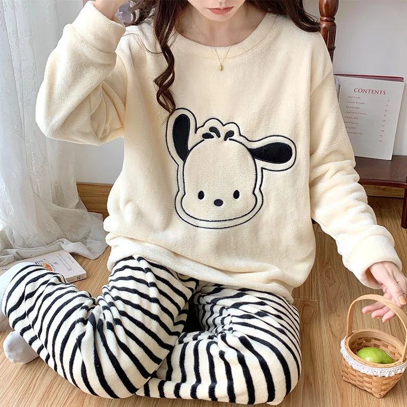 Anime Mickey Mouse Cartoon Women Velvet Pajamas Set Autumn Winter Round Neck Loose Plush Warm Homewear Girls Kawaii Nightwear