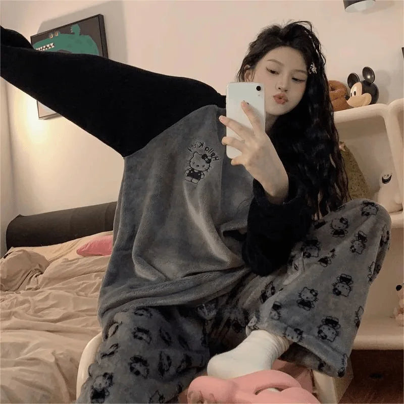 Anime Mickey Mouse Cartoon Women Velvet Pajamas Set Autumn Winter Round Neck Loose Plush Warm Homewear Girls Kawaii Nightwear