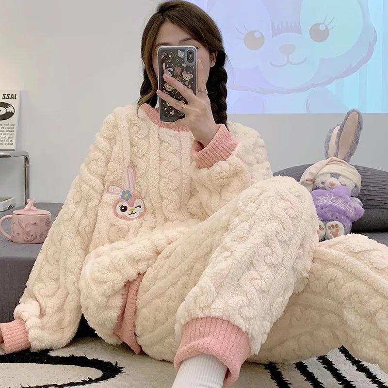 Anime Mickey Mouse Cartoon Women Velvet Pajamas Set Autumn Winter Round Neck Loose Plush Warm Homewear Girls Kawaii Nightwear