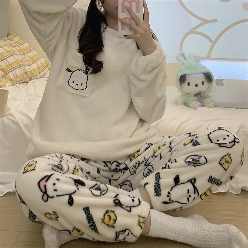 Anime Mickey Mouse Cartoon Women Velvet Pajamas Set Autumn Winter Round Neck Loose Plush Warm Homewear Girls Kawaii Nightwear