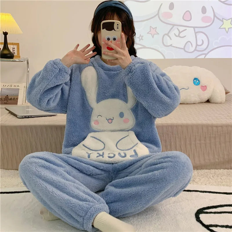 Anime Mickey Mouse Cartoon Women Velvet Pajamas Set Autumn Winter Round Neck Loose Plush Warm Homewear Girls Kawaii Nightwear