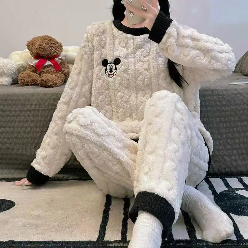 Anime Mickey Mouse Cartoon Women Velvet Pajamas Set Autumn Winter Round Neck Loose Plush Warm Homewear Girls Kawaii Nightwear