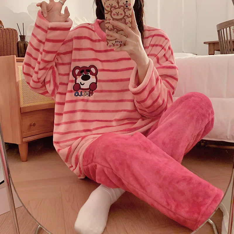 Anime Mickey Mouse Cartoon Women Velvet Pajamas Set Autumn Winter Round Neck Loose Plush Warm Homewear Girls Kawaii Nightwear