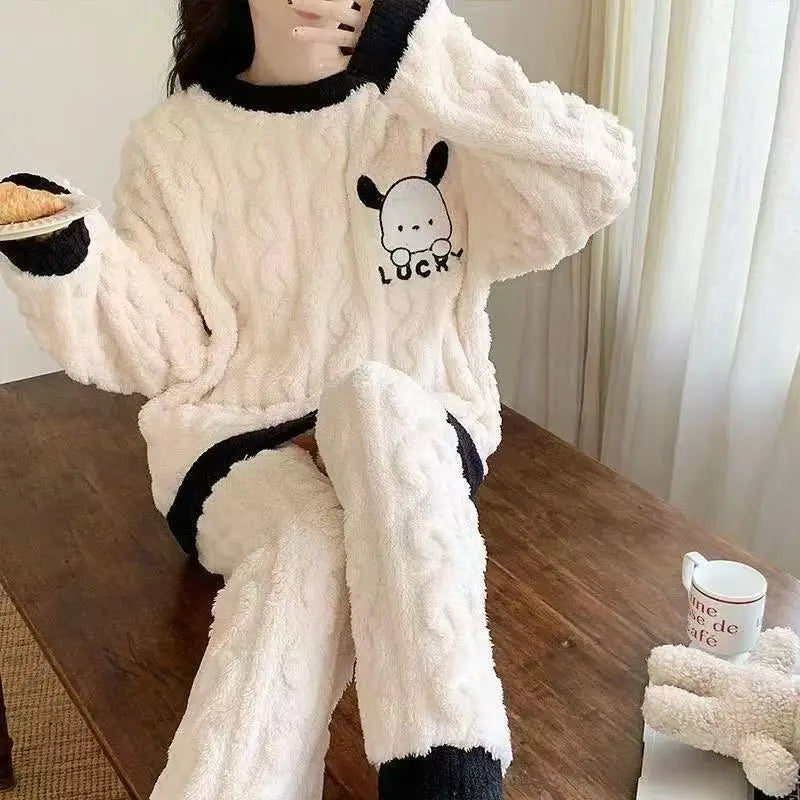 Anime Mickey Mouse Cartoon Women Velvet Pajamas Set Autumn Winter Round Neck Loose Plush Warm Homewear Girls Kawaii Nightwear