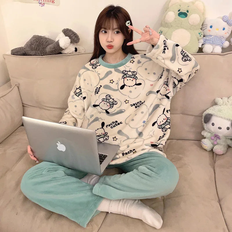 Anime Mickey Mouse Cartoon Women Velvet Pajamas Set Autumn Winter Round Neck Loose Plush Warm Homewear Girls Kawaii Nightwear