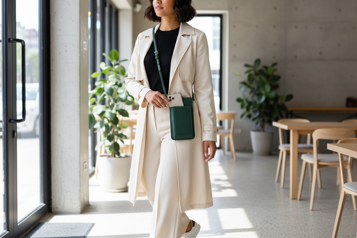Woman wearing fashionable solid color shoulder bag