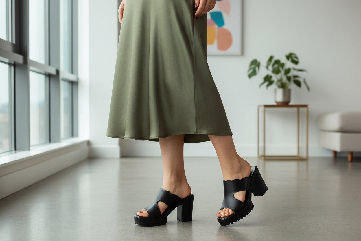 Woman wearing platform peep toe pumps